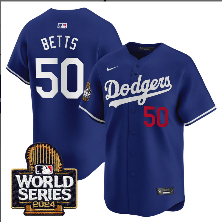 Men MLB Los Angeles Dodgers #50 Betts blue 2024 World Series Champions Patch Limited Jersey20241105 style 2->mlb hats->Sports Caps